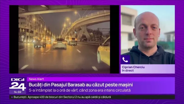 Un fragment din Pasajul Basarab a cazut pe o masina. Imagini filmate de camera de bord